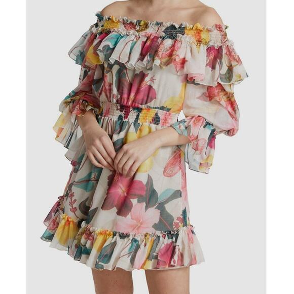 PatBo Ruffle Pink Floral Hibiscus Off Shoulder Mini Dress Size Small - Picture 2 of 8